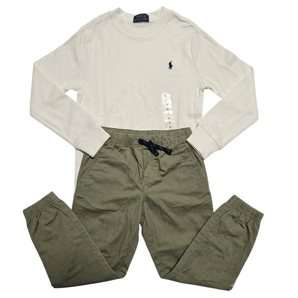 Polo Ralph Lauren Boys Thermal Waffle Knit Shirt & Cargo Jogger Pants Set Size 6